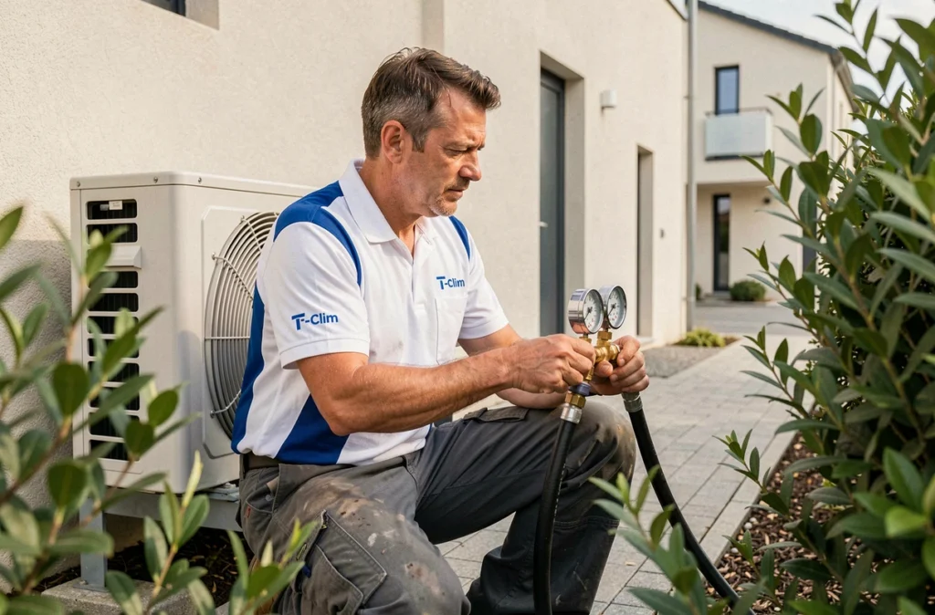 Technicien T-Clim vérifiant la pression du fluide frigorigène sur une unité extérieure de climatisation résidentielle