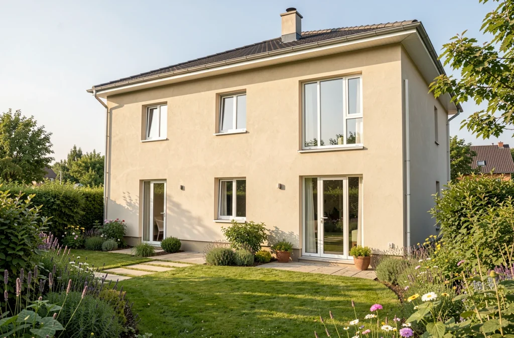 Maison rénovée à la façade enduite neuve après isolation extérieure