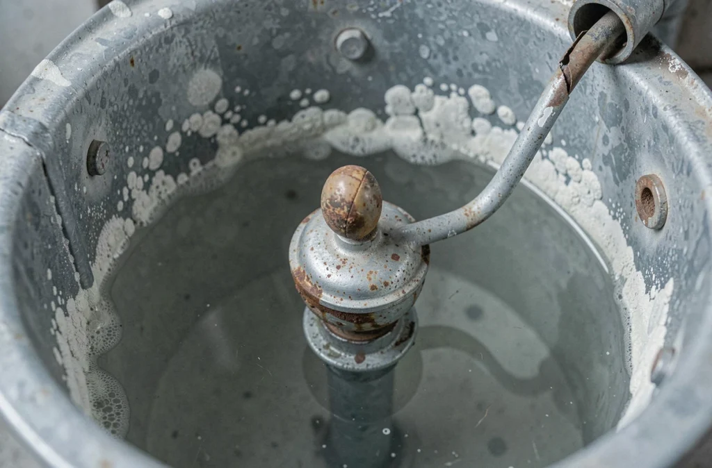 Mécanisme de flotteur usé et calcifié à l'intérieur d'un ancien réservoir de chasse d'eau