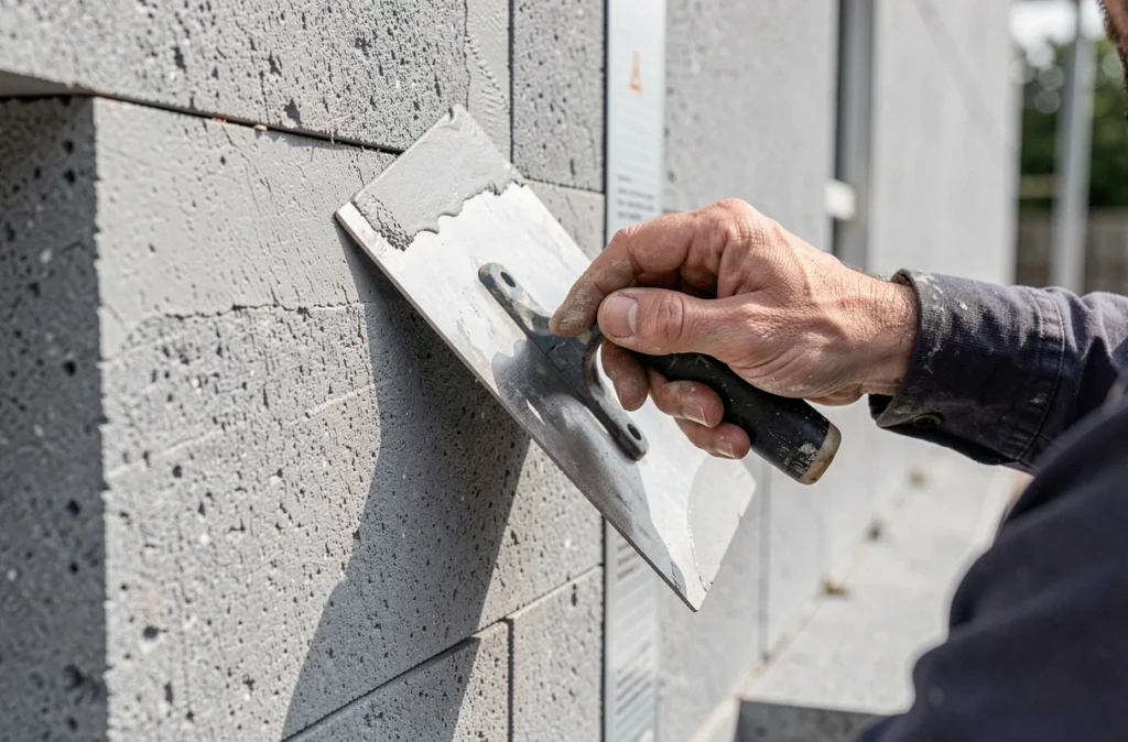 Ouvrier appliquant un enduit sur des panneaux isolants en façade