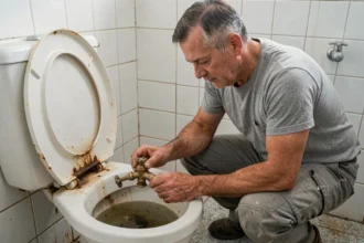 Plombier ajustant le flotteur d'une vieille chasse d'eau dans une salle de bain ancienne